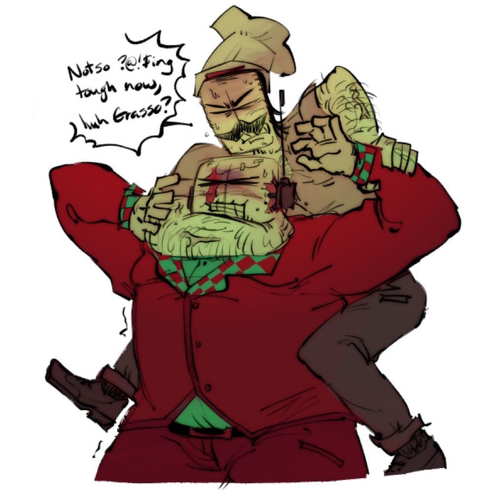 pava performing a g03 takedown on goyle via a chokehold. goyle cannot breathe as pava yells at him "Notso ?@!$ing tough now, huh Grasso?"