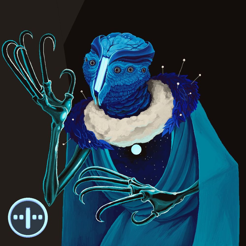 The Oculus, part cosmic avian, part machine, extends their clawed hands to hold something up. It's face has multiple eyes and instead of a beak there is a mechanical light. It's chest opens up to a floating moon inside a sea of stars.