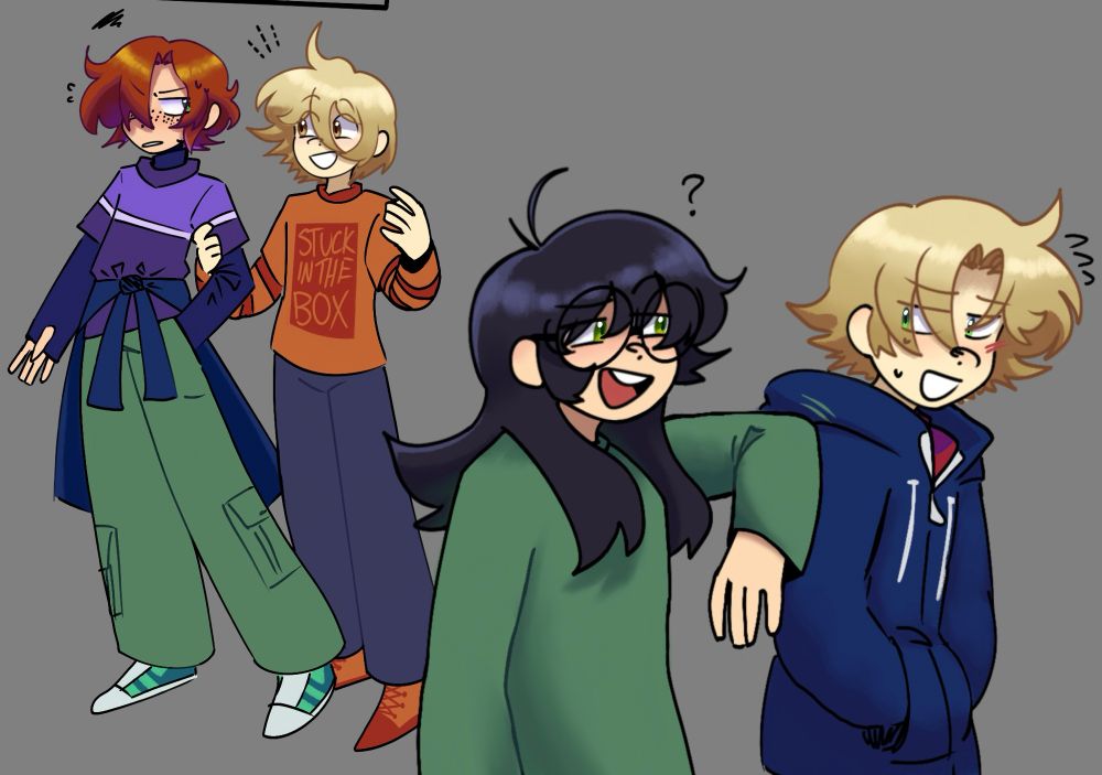 a drawing of four of my ocs. from left to right: Einar, Milo, Will, Ace

milo is grabbing einar by the under arm as a means to grab einar's attention. Einar is slightly annoyed.

will is playfully elbowing ace with a teasing expression on his face. Ace has a more bashful expression and is looking at will
