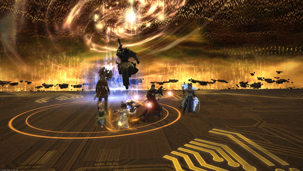 Final Fantasy XIV party members of various classes posing at the end of the final Dawntrail Trial. The entire environment has a somewhat futuristic cyberpunk aesthetic.
