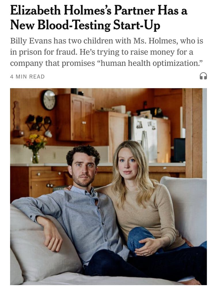 NYT headline: Elizabeth Holmes’s Partner Has a New Blood-Testing Start-Up