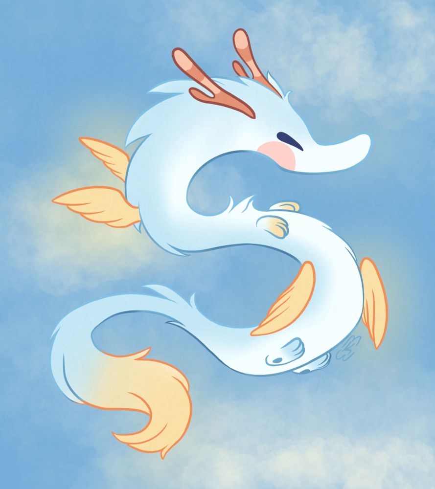 A digital drawing of a fuzzy little noodle dragon. Its body is blue and white, with light pink cheeks. It has a long, furry body, with two pairs of little paws, two sets of soft yellow wings, a pair of striped antlers, a large fluffy fox-like tail, and closed winky eyes.
