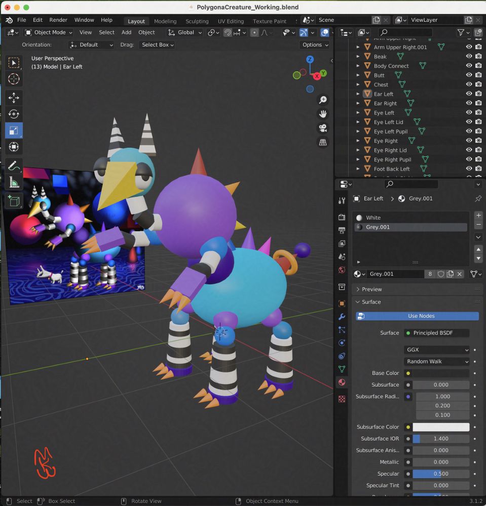A screenshot of POLYGON WORLD CREATURE sitting in the Blender 3D program. Behind it is their original image, used as a reference. 