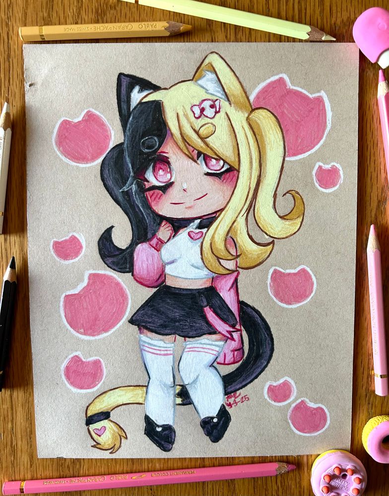 chibi drawing of a cat girl iwtu split dye hair being blonde and black.