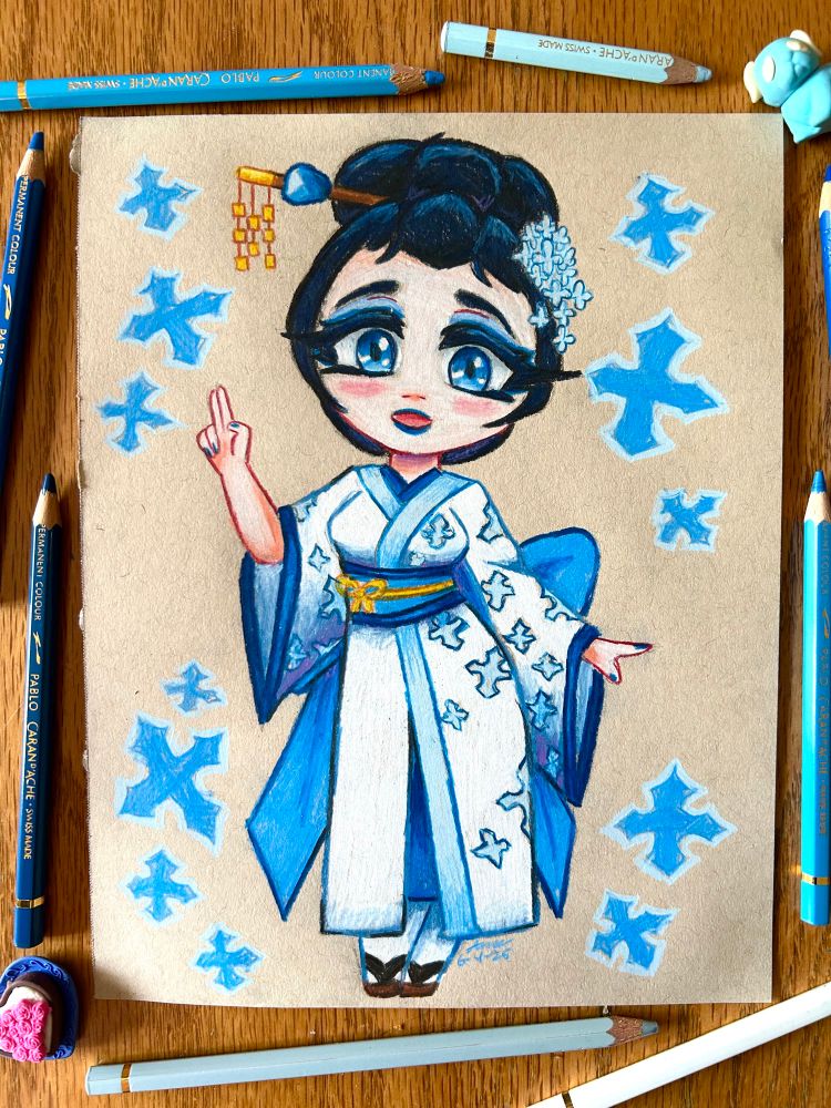 chibi drawing of a girl in a long white and blue kimono with her hair tied up into a bun