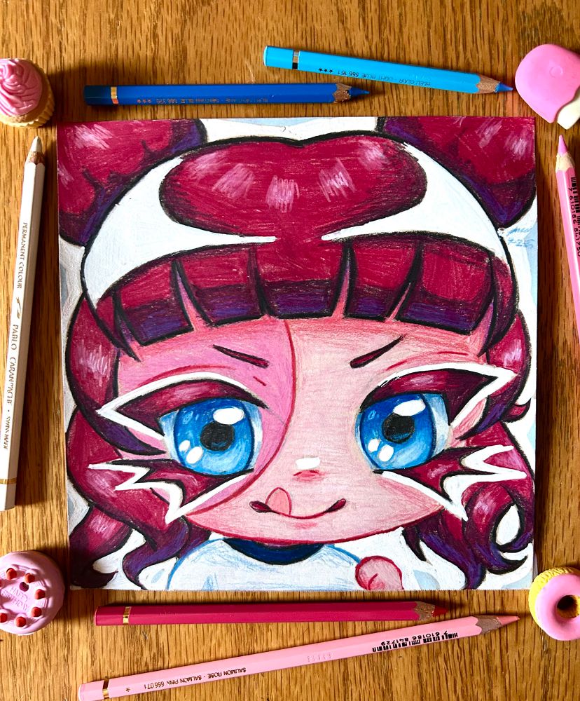 chibi drawing of an oc. she has blue eyes and pale pink skin with a pink circle around her right eye. she has magenta hair pulled into two heart buns. the background is pale blue with a bold white outline.