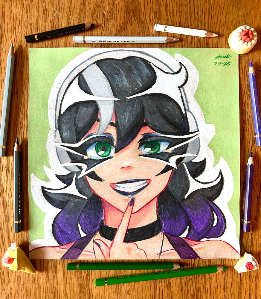 headshot drawing of an oc. she has green eyes and short dark gray hair with purple at the bottoms. she has a light gray stripe at the top of her head. she is pointing at her mouth. the background is pale green with a bold white outline.
