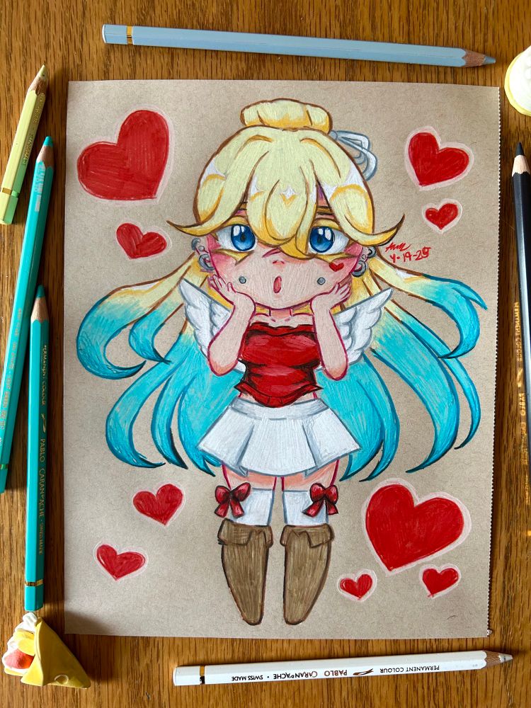 chibi drawing of a girl with long blonde hair that fades to turquoise.