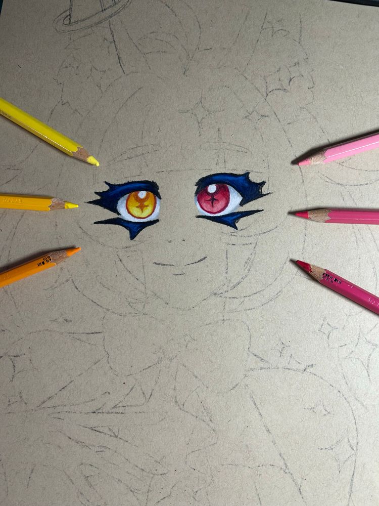 work in progress sketch. the only colored in parts are the eyes. the woman’s left eye is yellow and the right eye is magenta. both have dark blue eyelashes