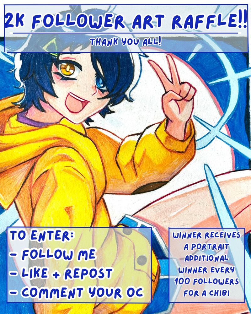 drawing of ai ohto with text overtop. the top text reads “2k follower art raffle / thank you all” the text in the bottom left reads “to enter / follow me / like + repost / comment your oc” the bottom right text reads “winner receives a portrait / additional winner every 100 followers for a chibi”