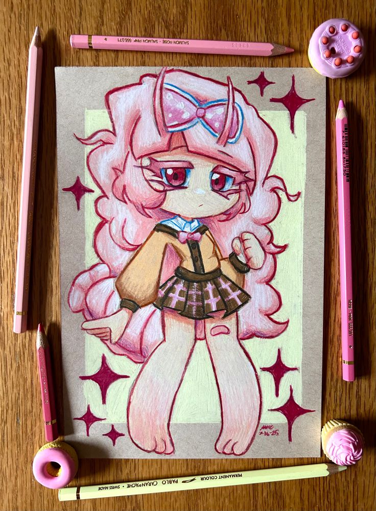 chibi drawing of an oc. she has light pink curly hair with a large pink bow at the front. she has a light brown cardigan on with a brown and pink plaid skirt. the background has various magenta sparkles and is pale yellow.