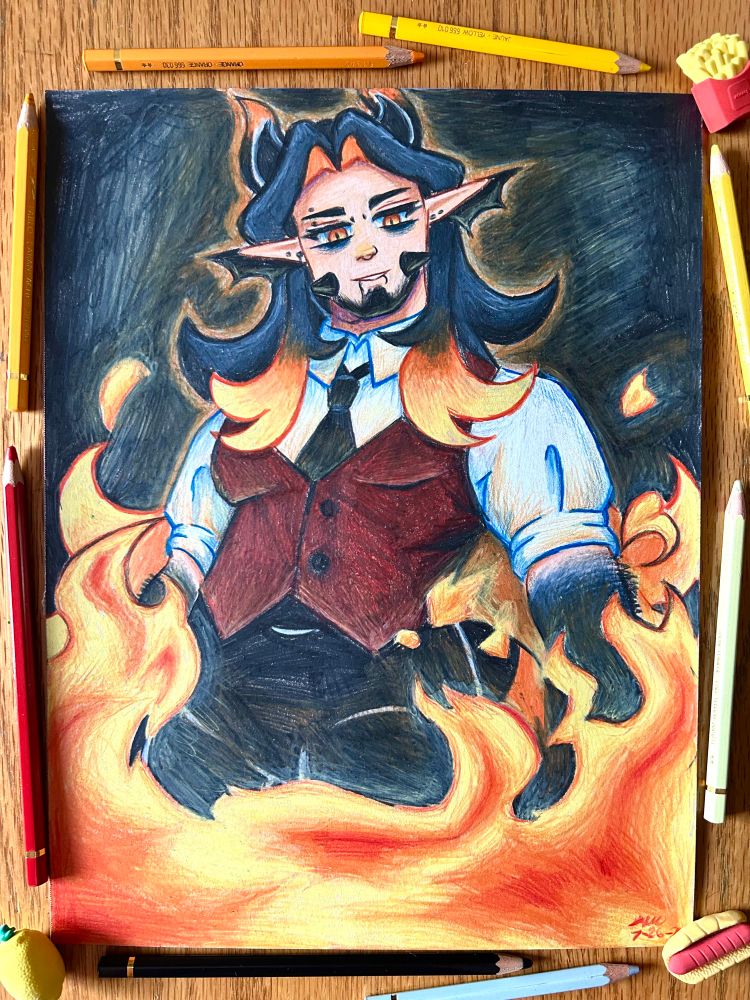 drawing of a man from the thighs up. he has a white button down rolled up to his elbows with s dark red waistcoat on and black pants. his arms fade from peach to dark gray. he has long black hair that fades to orange and then finally yellow. he is surrounded by various flames on the bottom of the page as he is looking down on them.