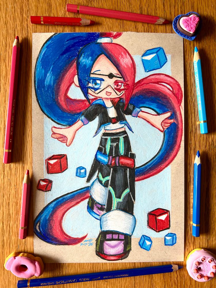 chibi drawing of an oc. her hair is split dyed with the right side being dark blue and the left side being magenta. her eyes are the same way. she has a black outfit on with various green, white, blue and red details. the background is pale blue with red and blue cubes from the game beat saber floating around.