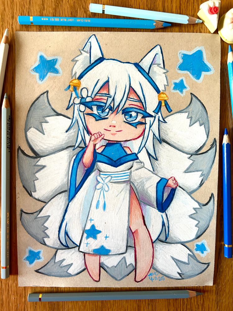 chibi drawing of a white nine tailed kitsune in a white and blue kimono