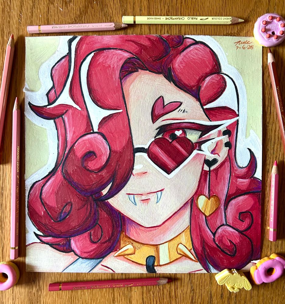 icon drawing of a character. she has hair that curls at the ends and covers her right eye. her hair is dark pink. her eyes are dark pink aswell with dark pink eyelashes. she has dark pink heart shades on. she has a gold choker on with spikes. the background is pale yellow with a bold white outline.