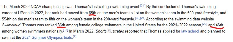 The March 2022 NCAA championship was Thomas's last college swimming event.[31] By the conclusion of Thomas's swimming career at UPenn in 2022, her rank had moved from 65th on the men's team to 1st on the women's team in the 500-yard freestyle, and 554th on the men's team to fifth on the women's team in the 200-yard freestyle.[32][21] According to the swimming data website Swimcloud, Thomas was ranked 36th among female college swimmers in the United States for the 2021–2022 season,[23] and 46th among women swimmers nationally.[33] In March 2022, Sports Illustrated reported that Thomas applied for law school and planned to swim at the 2024 Summer Olympics trials.[2]