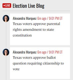 Texas voters approve parental rights amendment to state constitution
 from Alexandra Marquez
Texas voters approve ballot question requiring citizenship to vote
Alexandra Marquez
