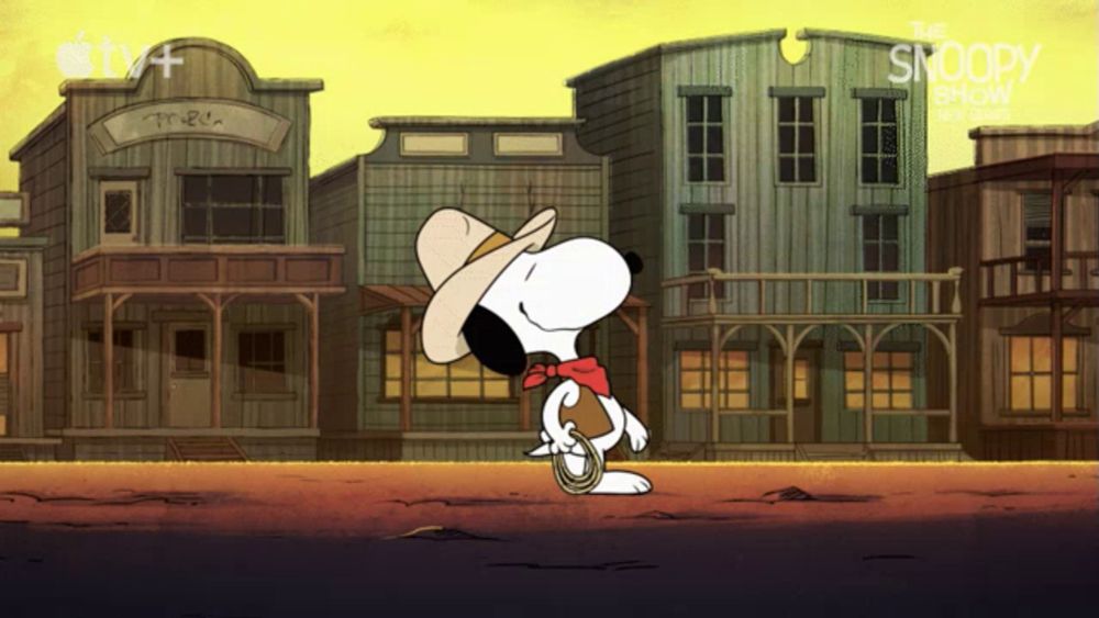 a cartoon of snoopy wearing a cowboy hat and holding a lasso in a western town