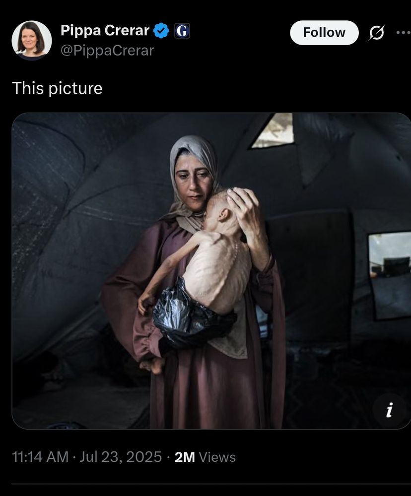 Pippa Crerar

G

Follow

@PippaCrerar

This picture

(Picture of Gazan woman holding her starving baby)