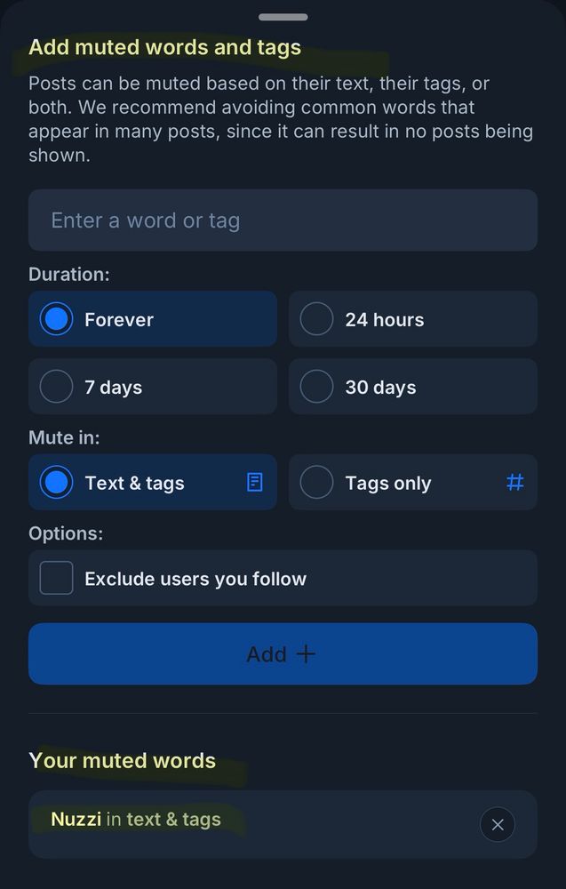 iOS BlueSky setting page.

Your muted words: Nuzzi