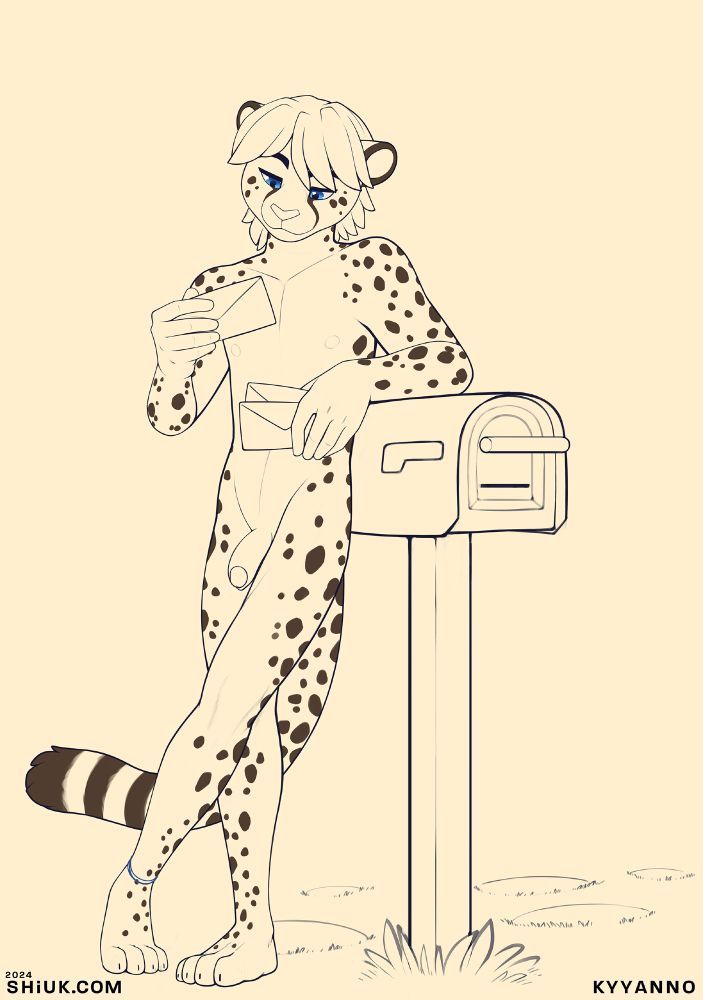 An anthropomorphic cheetah, he's calmly standing nude by his mailbox looking at the letters he received today.