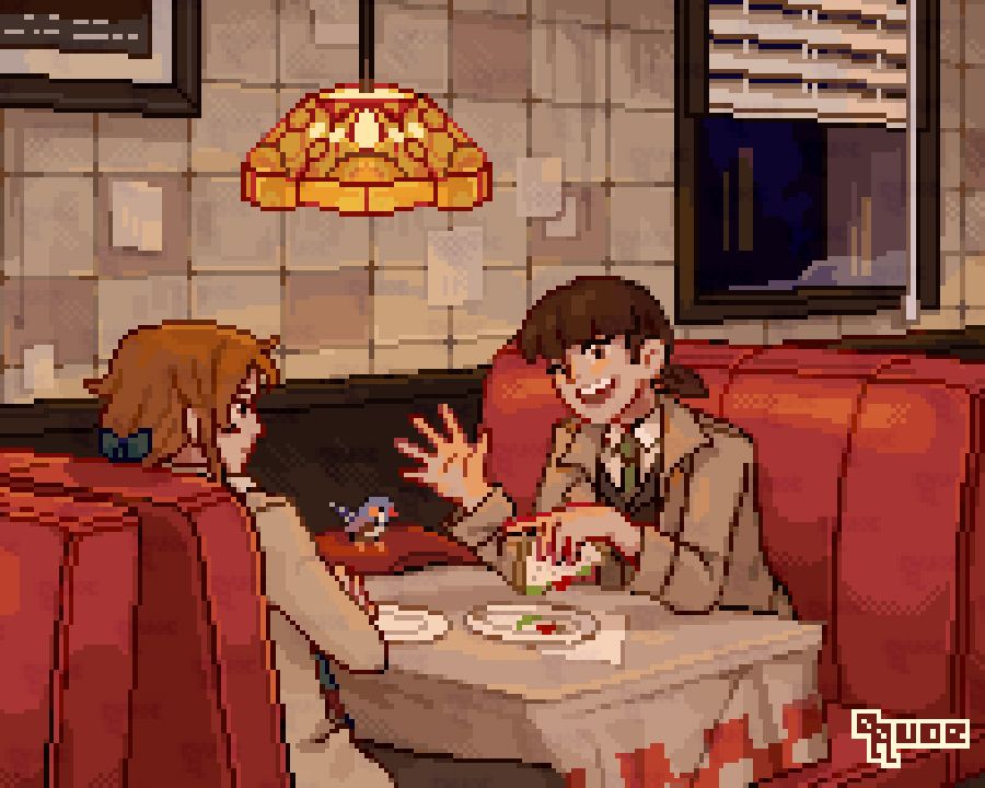 Two characters are seated at opposite ends of a booth in a diner. A character named Lang is excitedly chatting with a sandwich in hand, it clearly forgotten as he talks. A character named Feihong, who has finished their food, is seen from behind - arms crossed and staring at Lang's sandwich which has dropped its fillings onto a plate it hangs over.

Feihong has orange hair tied in a ponytail with a turquoise ribbon and a beige suit. Lang has tied back shoulder-length brown hair and wears a beige and brown suit set, paired with a green tie.

The booth seats are red, the table covered with a tablecloth with red checkers at the bottom. The tiled walls are aged with stains and old paper. A window with a half-lifted shade shows it's nighttime, with a bit of snow on the windowsill. A red scarf is tucked on the table on Lang's side of the booth, a small bird sitting on it. An orange light hangs above the table.