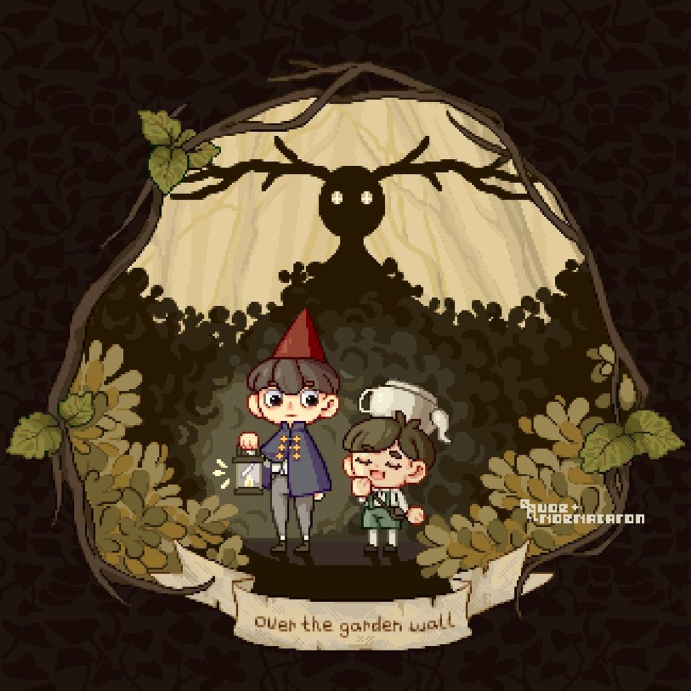 A pixel art piece showing the characters Wirt and Greg from the Over the Garden Wall series. Wirt - dressed up as a gnome - wears a blue cape with gold buttons, gray pants, and a red cap, holding a lantern. Greg - dressed up as an elephant - has an upside down teapot on his head and wears green overalls. They stand among a forest, the lantern lighting their way. Two bushes are lit up in the foreground. In the background, a dark bush forms the silhouette of The Beast.

The scene is framed with tree branches and leaves, a banner with the show’s name at the bottom middle.