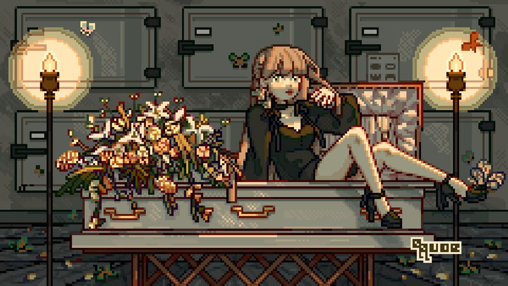 A character named Danae is seated in a white half-opened casket. A funeral bouquet rests on the closed end. The scene takes place in a low-lit mortuary. Butterflies are seen on the wall and floor - one resting on Danae's foot. Danae has long light brown hair and wears a black long-sleeved ribboned dress and heels.