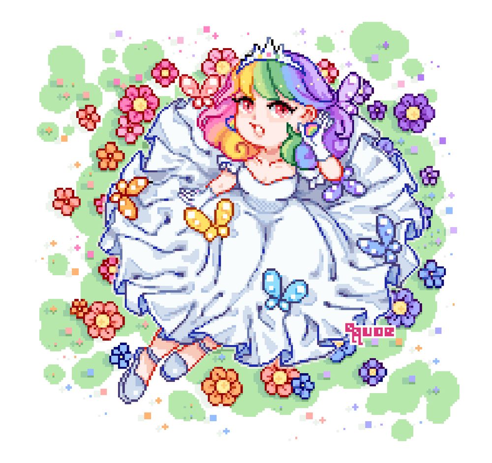 A young woman sitting on stylized grass and looking upwards is seen from above. She wears a white dress which is spread around her. Her hair is all the colors of the rainbow. She also wears a tiara, gloves, earrings, and dress shoes. Colorful flowers, sparkles, and butterflies surround her. She has one hand bracing herself on the ground, the other showing off one of the rainbow earrings she wears.