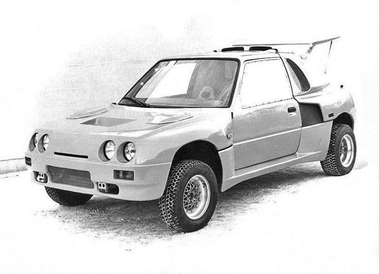 the NAMI 0290, a Group B-style rally car, here in its "naked" state, without decals or accessories. not really a "road version" because the car was a one-off prototype and never homologated. B/W photo, three-quarters view of the front