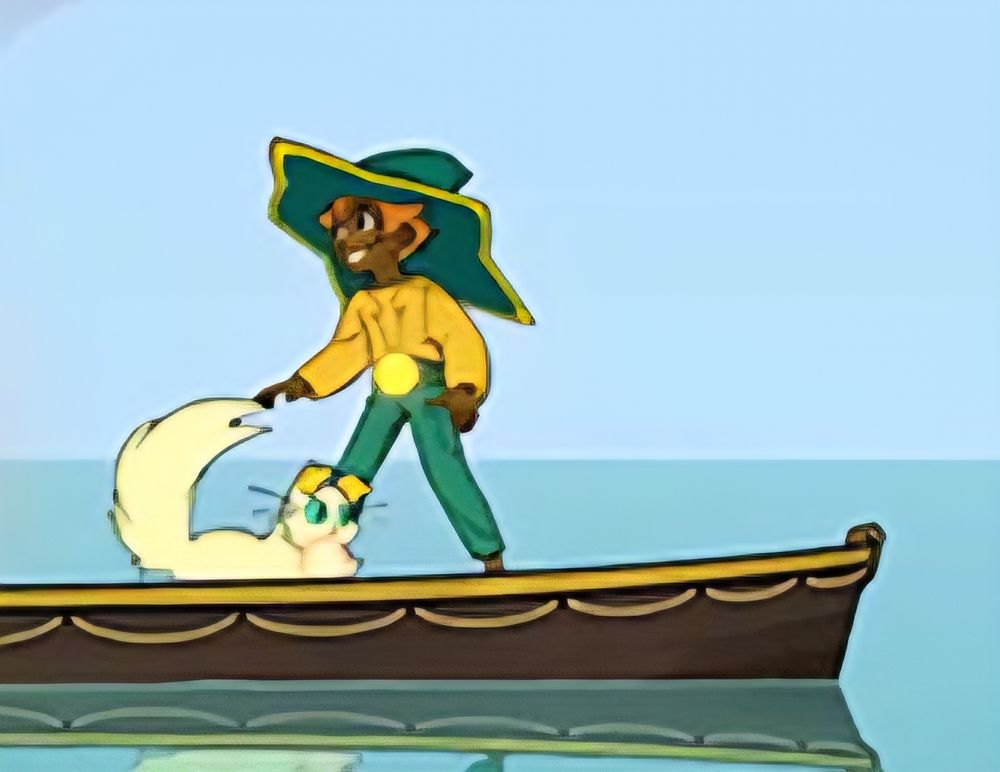 Image des deux personnages de Spiritfarer sur une barque de profil.
Le fond est partagé entre le bleu du ciel et le vert d'eau de... l'eau dans lequel se reflète la scène suivante. 
L'humaine,debout et en pied, regarde vers la gauche souriante. 
Le chat regarde vers la droite la queue relevée (sourire de chat).
