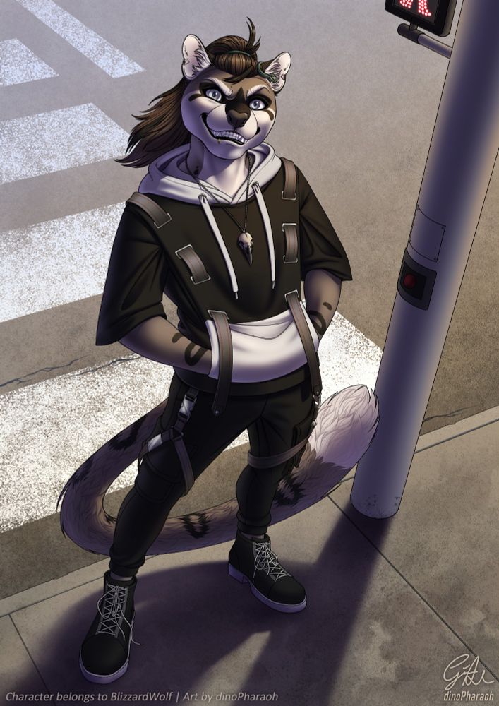 A commission of an anthro ocelot standing on the street