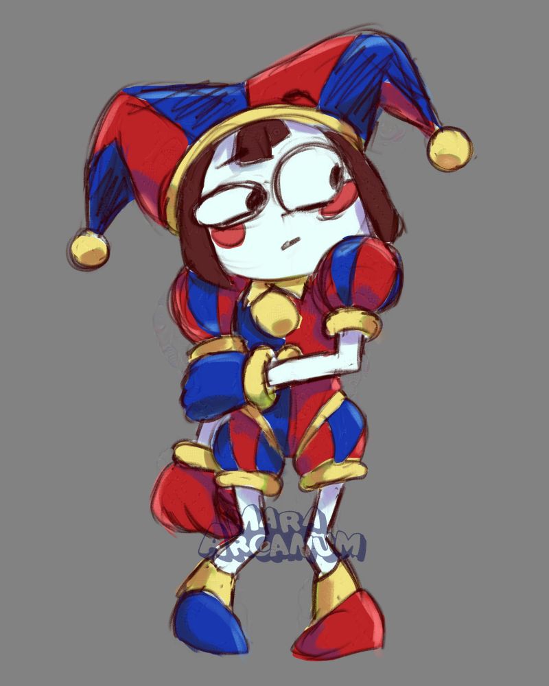 The character pomni looks anxious and weirded out. From the Amazing Digital Circus