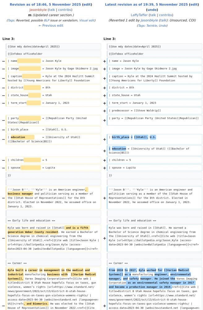 Wikipedia Edit History entry for Jason Kyle (politician)

Reverted 1 edit by [[Special:Contributions/Jasonbkyle|Jasonbkyle]] ([[User talk:Jasonbkyle|talk]]): Unsourced, COI
