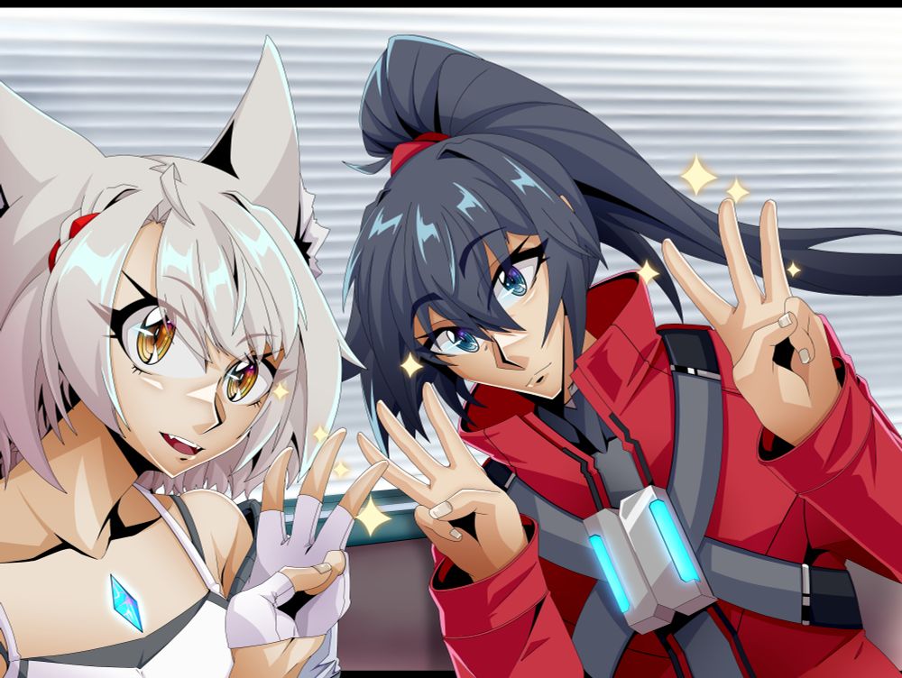 Character Illustration redraw of Noah and Mio from Xenoblade Chronicles 3, based on a selfie that of Ryohei Arai(VA of Noah) and Minami Tsuda(VA of Mio) took on a lucky day where they happened to have cross path