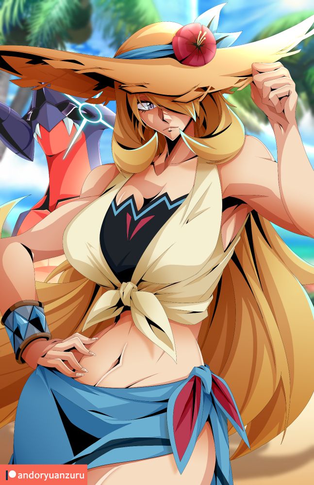 Character Illustration piece of Pokémon Champion Cynthia from Pokémon Diamond and Pearl in her summer outfit from the mobile game, Pokémon Masters EX
