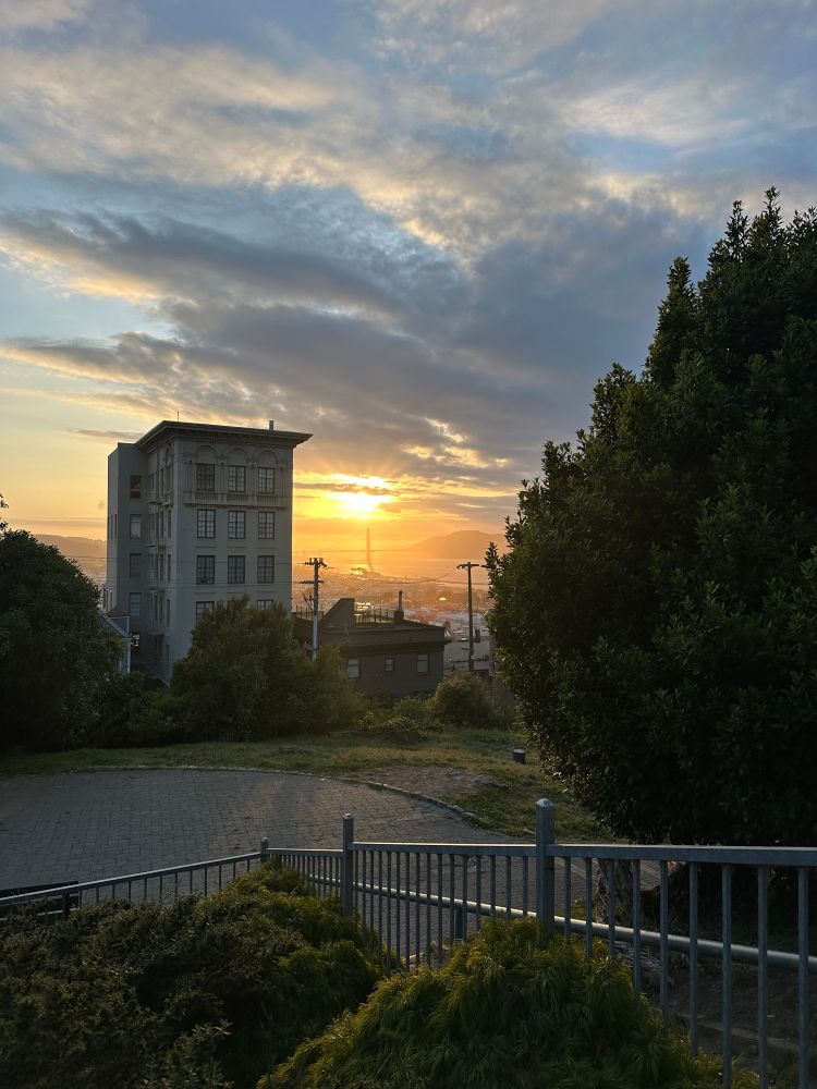 View from Alice Marble Park in San Francisco of the Golden Gate Bridge at sunset. 