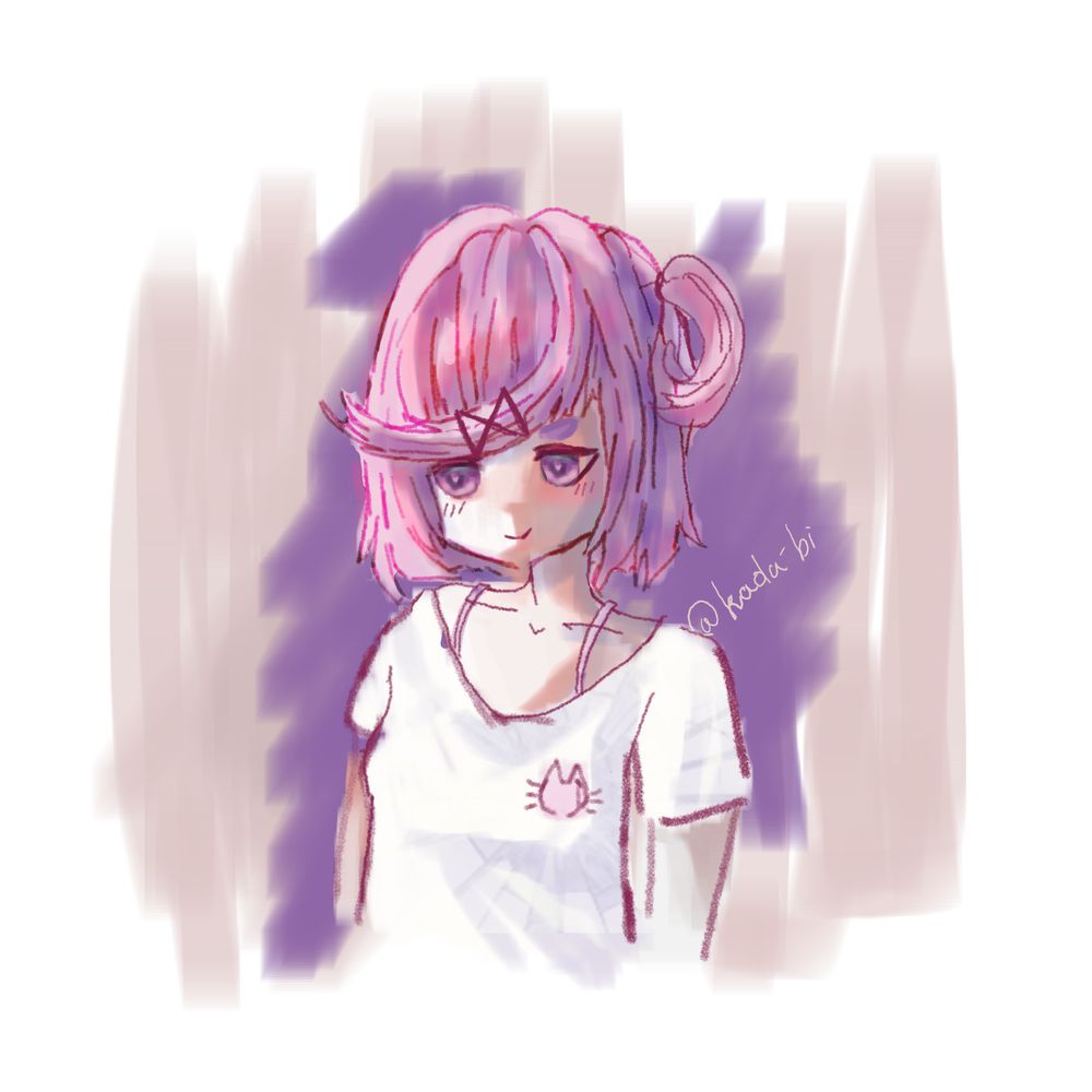Natsuki from doki doki literature club sligtly looking down in her official home outfit