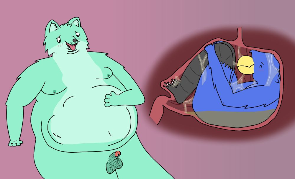 Baxter, a fat pale green wolf man, looking satisfied with his boyfriend Bink, a blue bird man, curled up inside his stomach.