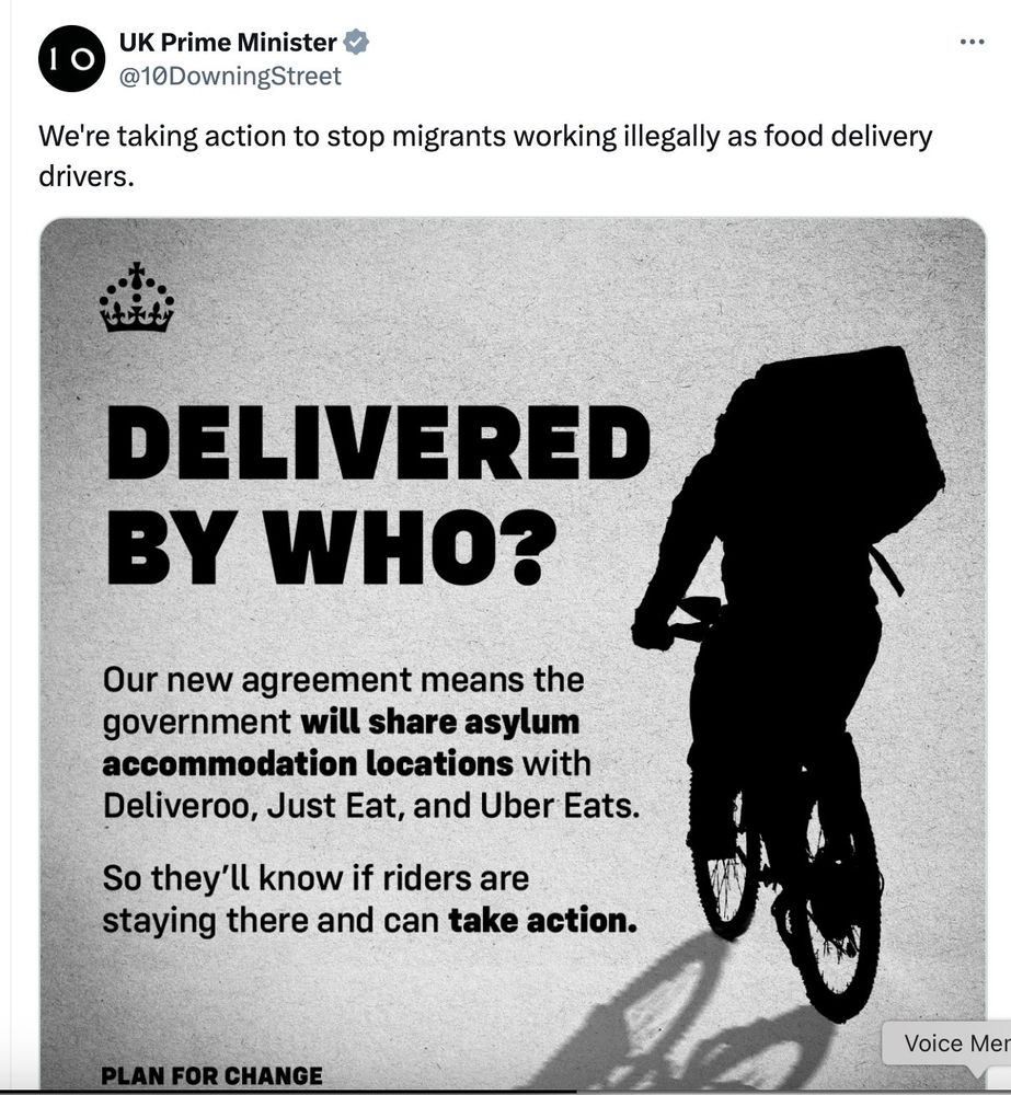 Screenshot of a social media post from the Prime Minister's office, @10DowningStreet. The text reads "We're taking action to stop migrants working illegally as food delivery drivers". The black and white image shows a silhouette of a cyclist with a food delivery box on their back. The text in the image reads "DELIVERED BY WHO? Our new agreement means the government will share asylum accommodation locations with Deliveroo, Just Eat and Uber Eats. So they'll know if riders are staying there and can take action."
