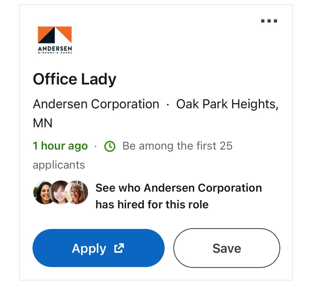 Job posting for “Office Lady” from Anderson Corporation (Anderson Windows)