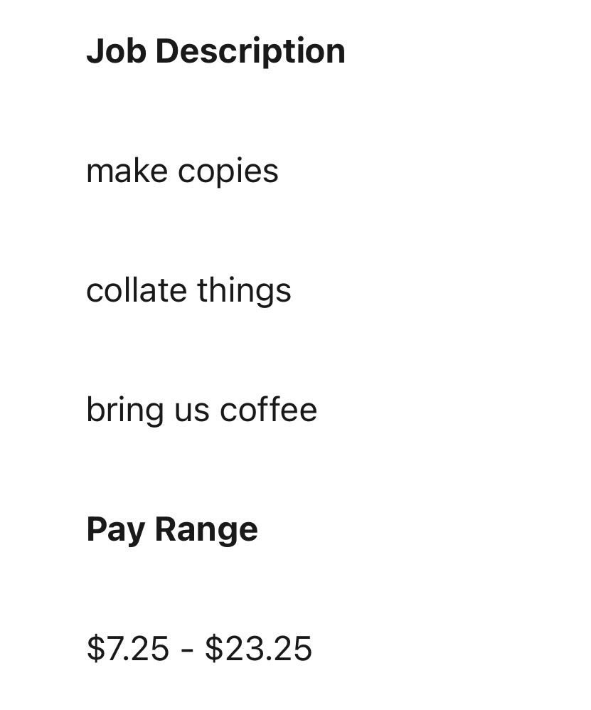 Job posting for “Office Lady” from Anderson Corporation (Anderson Windows)

Duties include “make copies”, “collate things” and “bring us coffee”
$7.25-$23.25