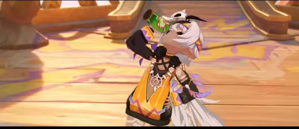 Captura de gameplay de genshin impact com a Iansan bebendo de uma lata verde que lembra Guaraná.
