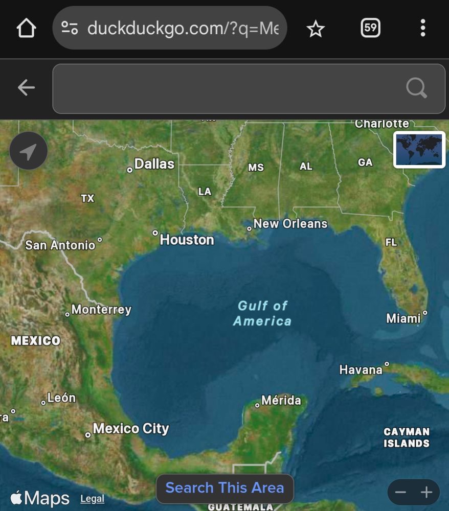 A screenshot of Apple Maps running in Duck Duck Go, showing their cowardly decision to rename the Gulf of Mexico based on Trump's whims