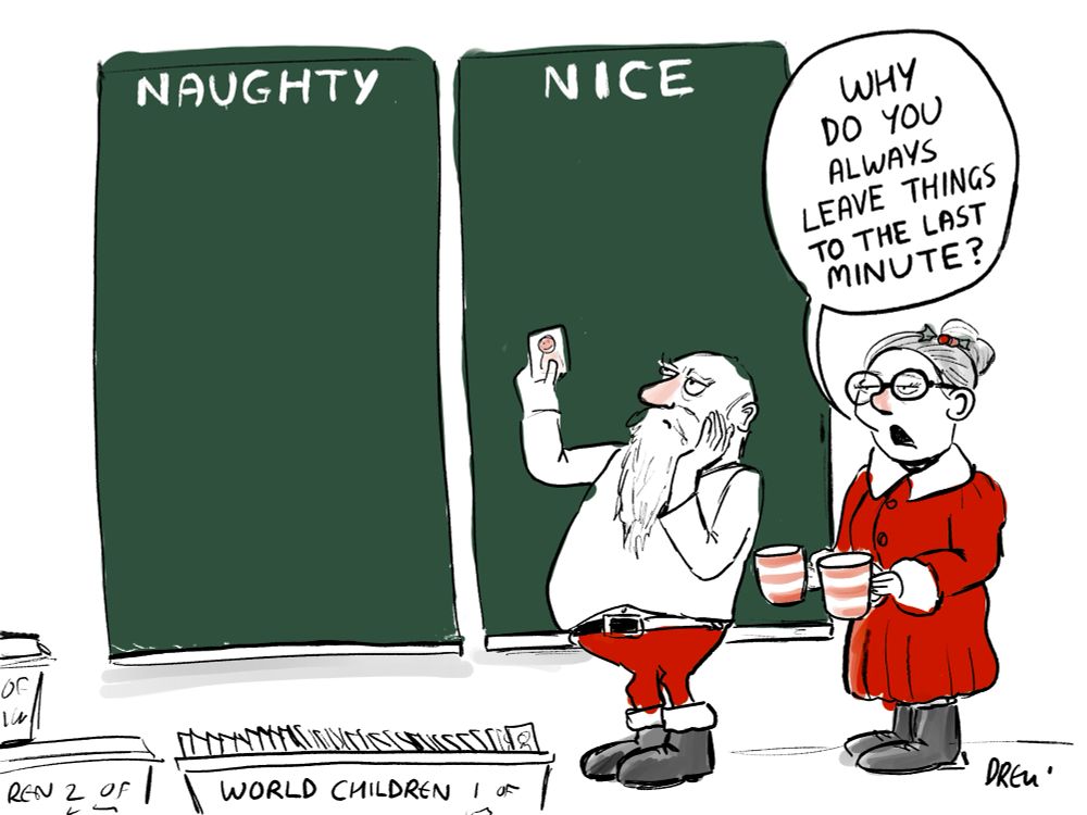 Do you always leave things to the last minute asks mrs Santa as Santa starts to categorise all the children of the world into naughty and nice