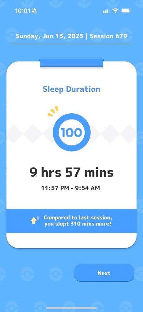Pokémon sleep screen showing 9hrs and 57 minutes of sleep recorded 310 minutes more than the night before