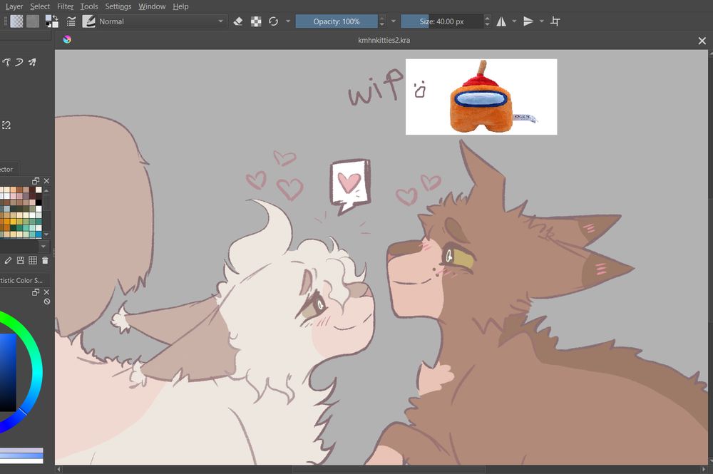 the same unfinished drawing as before, but the characters' facial expressions are more relaxed/happy. the orange amongus is also present