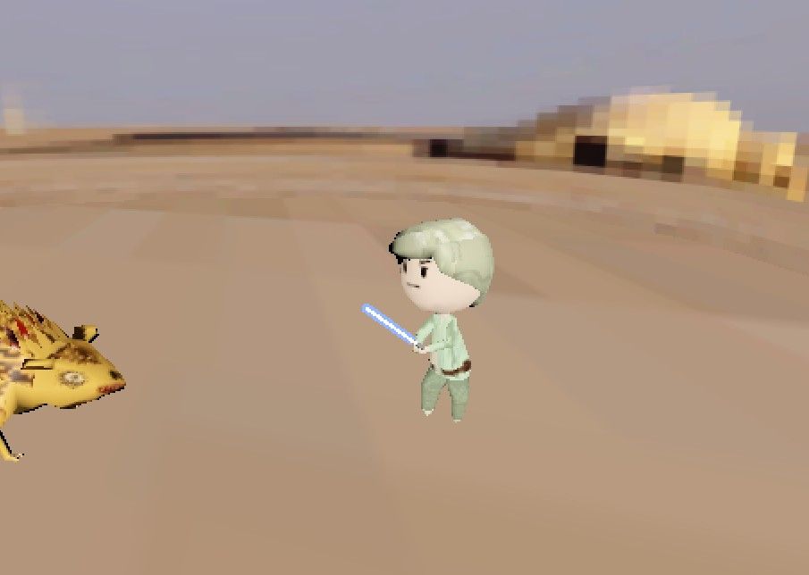 A screenshot of a Luke Skywalker-looking character with a large round head on a heavily stylized body, fighting a Womp Rat turn-based battle style. He's wearing his desert garb with off-white tunic and leggings. My kids told me his saber blade was blue. I don't know, I'm colorblind. The Womp Rat is supposed to be a light brown. Tatooene is in the background.