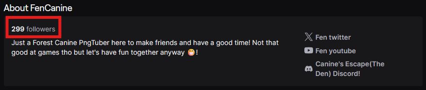 Fen Canine's about section on Twitch, highlighting she has 299 followers in red.