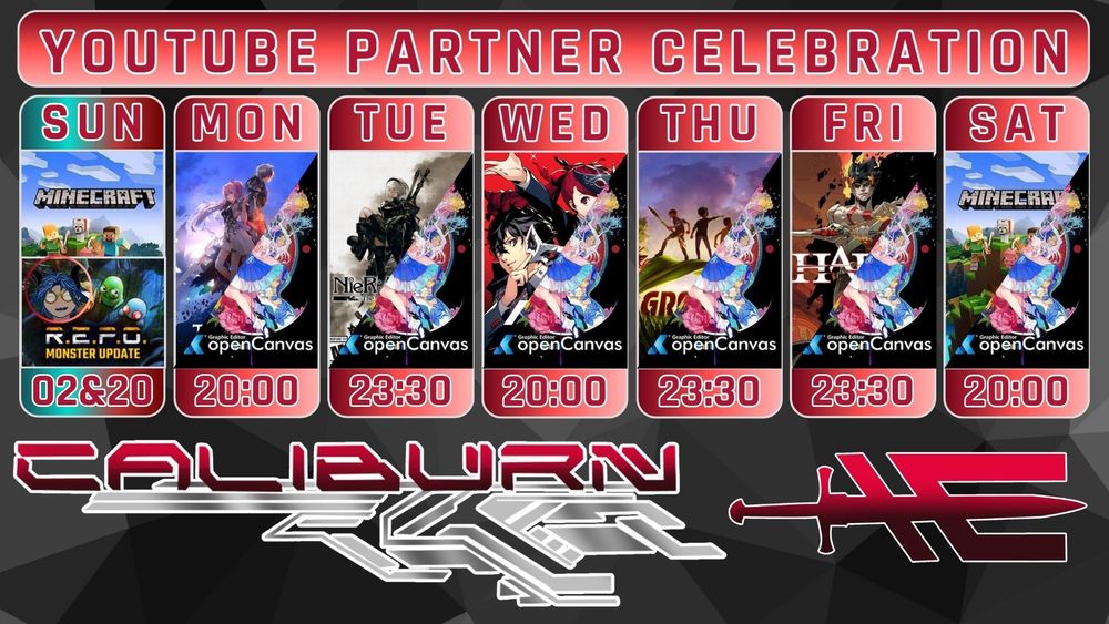 Schedule - Week of 2 November (CST) -
Sunday @ 02:00 i think: Repo w/ Lilianne Factotum
Sunday @ 20:00, Open Canvas and Minecraft
Monday @ 20:00, Open Canvas and Tales of Arise 
Tuesday at @ 23:30, Open Canvas and Nier: Automata. 
Wednesday @ 20:00, Open Canvas and Persona 5 Royal
Thursday @ 23:30, Open Canvas and Grounded
Friday @ 23:30, Open Canvas and Hades. 
Saturday @ 20:00, Open Canvas and Minecraft.